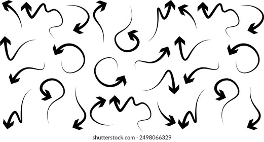 Hand drawn arrow vector icons set. Set of arrows, hand drawn arrows, doodles isolated on white background. Scribble arrow doodle element collection. Hand drawn arrows in black on a white background