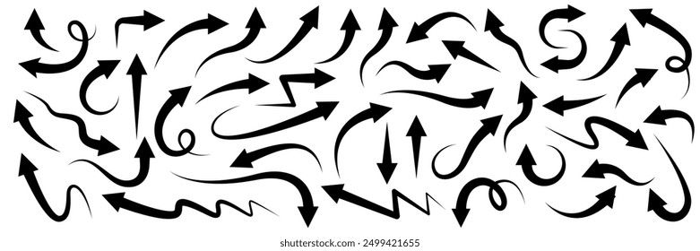 Hand drawn arrow vector icons set. Sketch arrow design for business plan and education. Set of arrows black icons. Circle arrows, rotate arrow, redo process symbol.