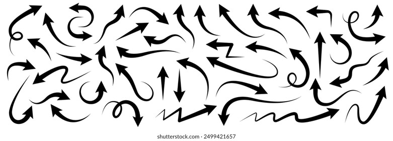 Hand drawn arrow vector icons set. Sketch arrow design for business plan and education. Set of arrows black icons. Circle arrows, rotate arrow, redo process symbol.