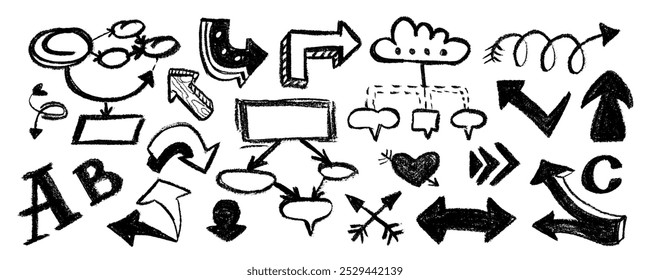 Hand drawn arrow vector icons set. Sketch arrow design for business plan and education. Set of arrows black icons. Circle arrows, rotate arrow, redo process symbol.