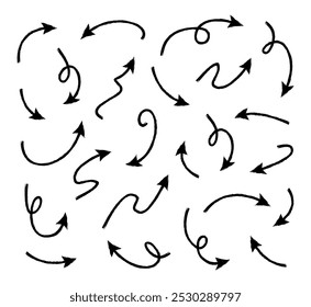 Hand drawn arrow vector icons set. Sketch arrow design for business plan and education. Set of arrows black icons. Circle arrows, rotate arrow, redo process symbol.