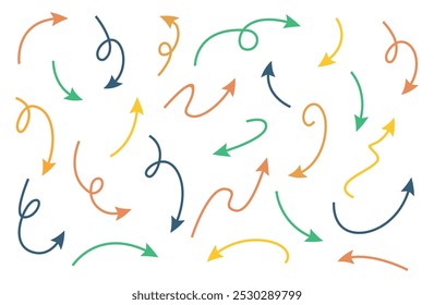Hand drawn arrow vector icons set. Sketch arrow design for business plan and education. Set of arrows colour icons. Circle arrows, rotate arrow, redo process symbol.