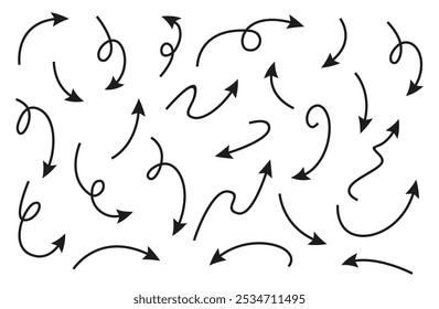 Hand drawn arrow vector icons set. Sketch arrow design for business plan and education. Set of arrows black icons. Circle arrows, rotate arrow, redo process symbol.