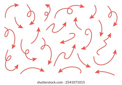 Hand drawn arrow vector icons set. Sketch arrow design for business plan and education. Set of arrows red icons. Circle arrows, rotate arrow, redo process symbol.