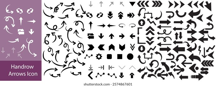 Hand drawn arrow vector icons set. Sketch arrow design for business plan and education. Set of arrows black icons. Circle arrows, rotate arrow, redo process symbol.