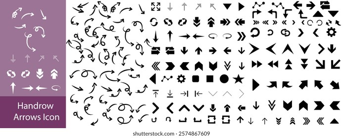 Hand drawn arrow vector icons set. Sketch arrow design for business plan and education. Set of arrows black icons. Circle arrows, rotate arrow, redo process symbol.