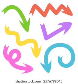 Hand drawn arrow vector icons set. Sketch arrow design for business plan and education. Set of colorful arrows icons. Circle arrows, rotate arrow, redo process symbol.