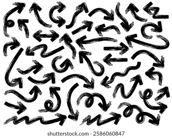 Hand drawn arrow vector icons set. Sketch arrow design for business plan and education. Set of brush arrows black icons. Circle arrows, rotate arrow, redo process symbol.