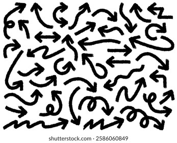 Hand drawn arrow vector icons set. Sketch arrow design for business plan and education. Set of brush arrows black icons. Circle arrows, rotate arrow, redo process symbol.