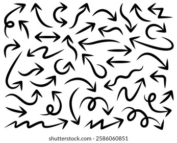 Hand drawn arrow vector icons set. Sketch arrow design for business plan and education. Set of brush arrows black icons. Circle arrows, rotate arrow, redo process symbol.