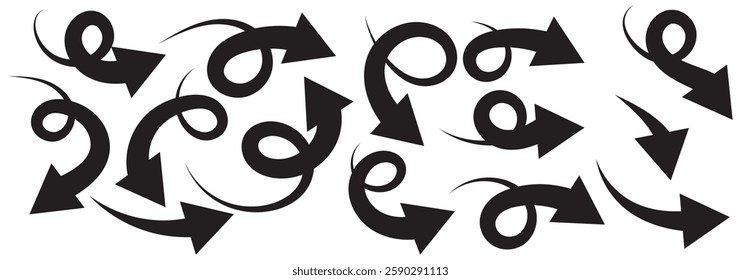 Hand drawn arrow vector icons set. Sketch arrow design for business plan and education. Set of arrows black icons. Circle arrows, rotate arrow, redo process symbol. EPS 10.