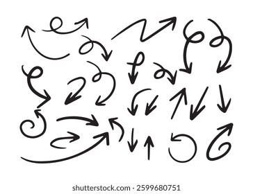 Hand drawn arrow vector icons set. Sketch arrow design for business plan and education. Set of arrows black icons. Circle arrows, rotate arrow, redo process symbol. Vector illustration.