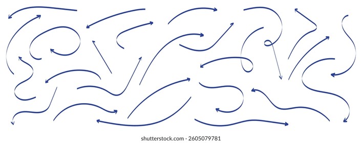  Hand drawn arrow vector icons set. Set of simple lines hand drawn blue arrows in various style. Set of simple of hand drawn blue arrows. Set of simple lines hand drawn blue arrows.