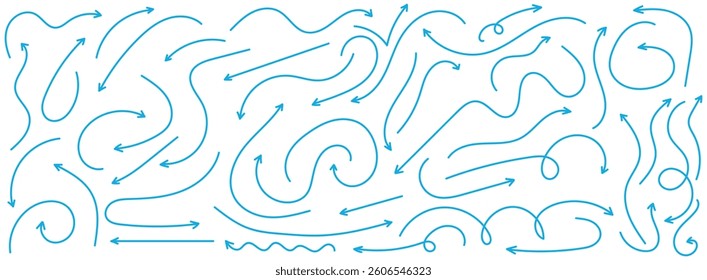 Hand drawn arrow vector icons set. Set of simple lines hand drawn blue arrows in various style. Set of simple of hand drawn blue arrows. 
