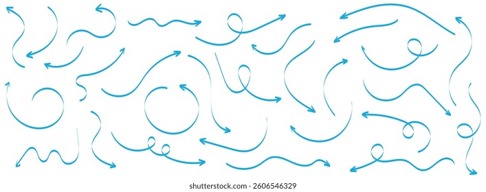 Hand drawn arrow vector icons set. Set of simple lines hand drawn blue arrows in various style. Set of simple of hand drawn blue arrows. 