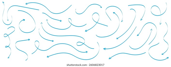 Hand drawn arrow vector icons set. Set of simple lines hand drawn blue arrows in various style. Set of simple of hand drawn blue arrows. Set of simple lines hand drawn blue arrows. 