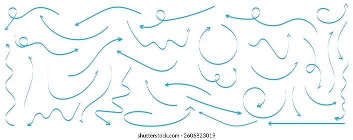 Hand drawn arrow vector icons set. Set of simple lines hand drawn blue arrows in various style. Set of simple of hand drawn blue arrows. Set of simple lines hand drawn blue arrows. 