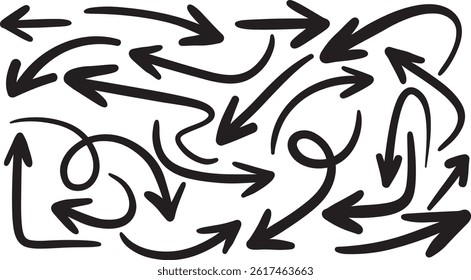 Hand drawn arrow vector icons set. Sketch arrow design for business plan and education. Set of arrows black icons. Circle arrows, rotate arrow, redo process symbol with vector file	