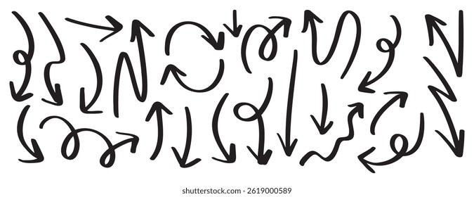 Hand drawn arrow vector icons set. Black doodle sketch arrow for business plan and education elements. Vector illustration