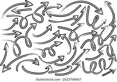 Conjunto de iconos de vector de flecha dibujado a mano. Diseño de flecha de boceto para el Plan de negocios, pincel, pincel stock Conjunto de iconos negros de flechas. Flechas de círculo con Vector 