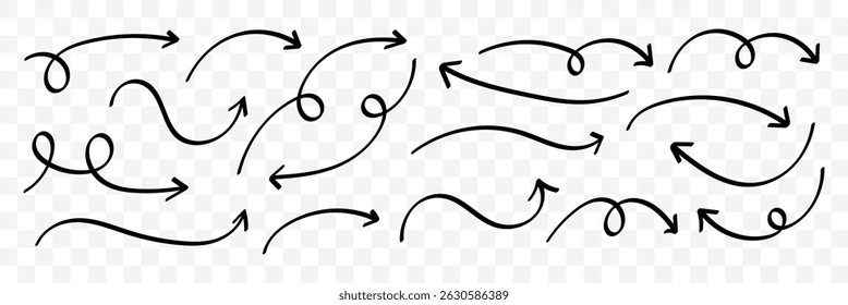 Hand drawn arrow vector icons set. . Scribbles doodle arrows.  Direction pointers swirls arrow. Vector illustrator