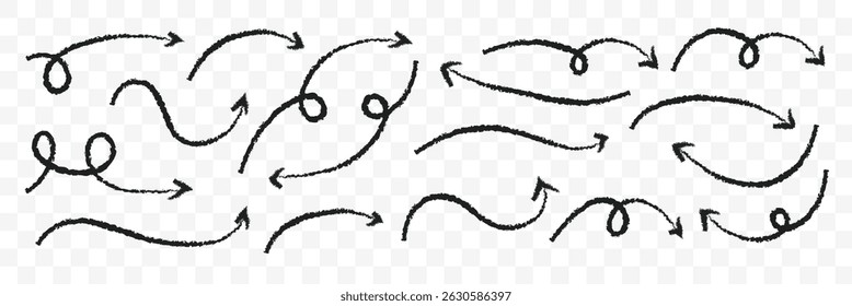Hand drawn arrow vector icons set. . Scribbles doodle arrows.  Direction pointers swirls arrow. Vector illustrator