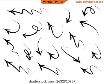 Ensemble d'icônes vectorielles fléchées dessinées à la main. Conception de flèche croquis pour l'abonnement commercial et l'éducation. Ensemble d'icônes flèches noires. Flèches de cercle, flèche de rotation, symbole de processus de rétablissement. Création de flèches dessinées à la main. 