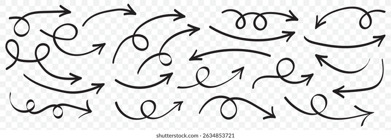 Hand drawn arrow vector icons set. Sketch arrow design for business plan and education. Set of arrows black icons. Circle arrows, rotate arrow, redo process symbol on Transparent Background. EPS 10.