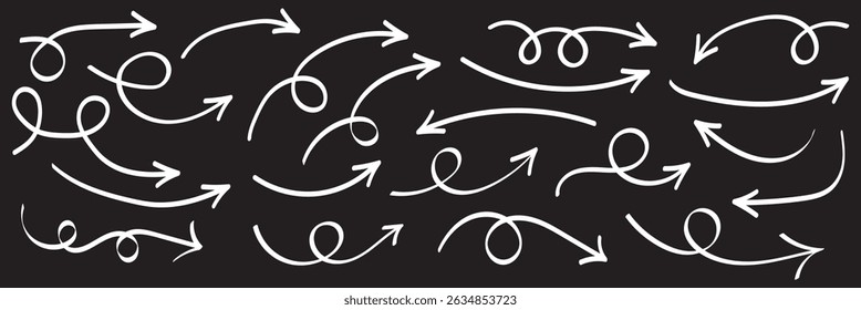 Hand drawn arrow vector icons set. Sketch arrow design for business plan and education. Set of arrows black icons. Circle arrows, rotate arrow, redo process symbol on Transparent Background. EPS 10.