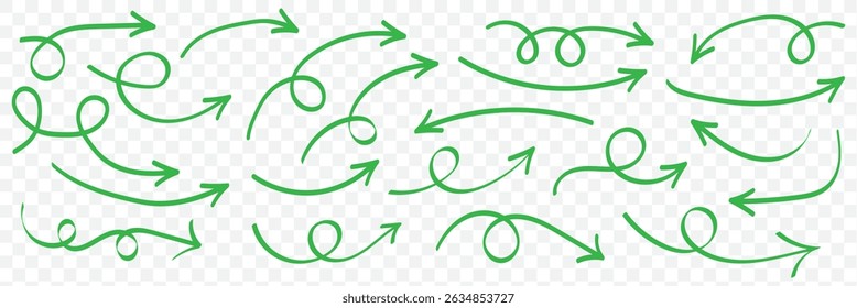 Hand drawn arrow vector icons set. Sketch arrow design for business plan and education. Set of arrows black icons. Circle arrows, rotate arrow, redo process symbol on Transparent Background. EPS 10.