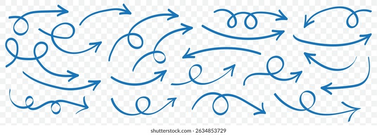 Hand drawn arrow vector icons set. Sketch arrow design for business plan and education. Set of arrows black icons. Circle arrows, rotate arrow, redo process symbol on Transparent Background. EPS 10.