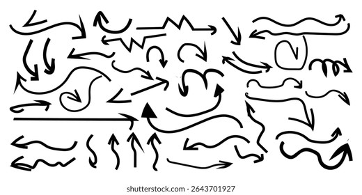 Hand drawn arrow vector icons set. Sketch arrow design for business plan and education. Set of arrows black icons. Circle arrows, rotate arrow, redo process symbol, Vector illustration.