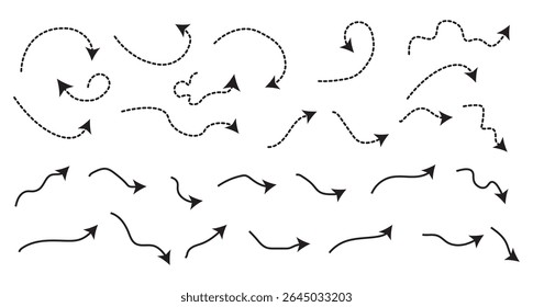 Ícones de vetor de seta desenhada à mão definidos. Projeto de seta de esboço para plano de negócios e educação. Conjunto de setas ícones pretos. Setas circulares, seta giratória, símbolo de processo de refazer.