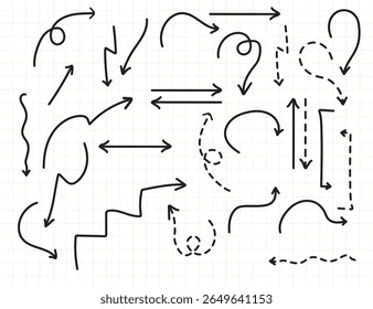 Conjunto de iconos de vector de flecha dibujado a mano. Establecer flechas curvas simples aisladas sobre fondo blanco. Varias de líneas simples flechas colección