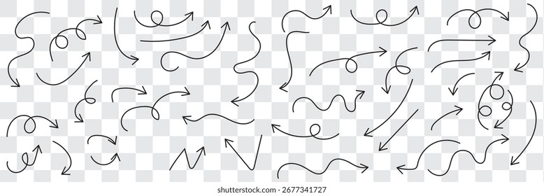 Conjunto de iconos de vector de flecha dibujado a mano. diseño de flecha de boceto para Plan de negocios y educación.	