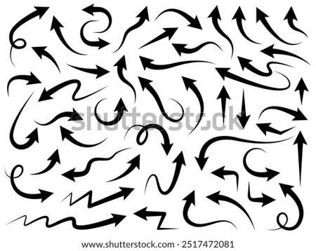 Hand drawn arrow vector icons set. Sketch arrow design for business plan and education. Set of arrows line black icons. Circle arrows, rotate arrow, redo process symbol. Vector Illustration.