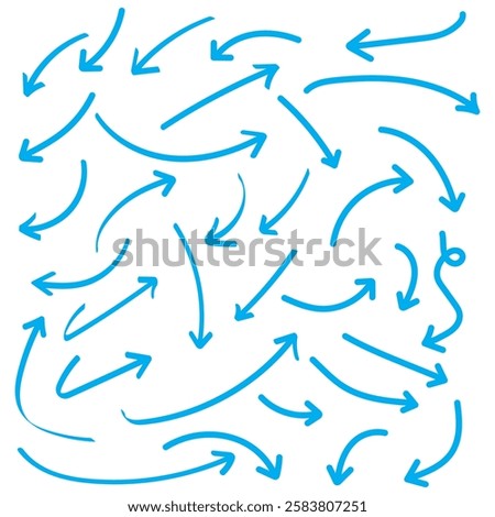 Hand drawn arrow vector icons set. Blue sketch arrow icon vector set. blue Pen hand drawn arrows set. Blue Simple Hand-Drawn Arrow Set Vector. 