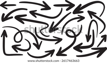Hand drawn arrow vector icons set. Sketch arrow design for business plan and education. Set of arrows black icons. Circle arrows, rotate arrow, redo process symbol with vector file	