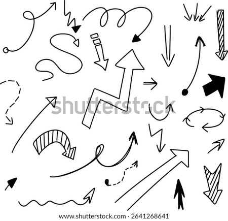 Hand drawn arrow vector icons set. Sketch arrow design for business plan and education. Set of arrows black icons. Circle arrows, rotate arrow, redo process symbol.