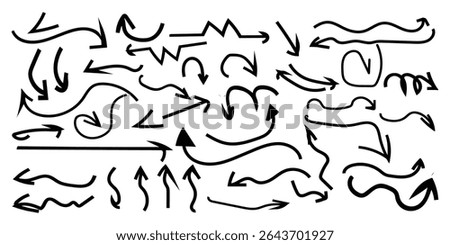 Hand drawn arrow vector icons set. Sketch arrow design for business plan and education. Set of arrows black icons. Circle arrows, rotate arrow, redo process symbol, Vector illustration.