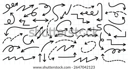 Hand drawn arrow vector icons set. Sketch arrow design for business plan and education. Set of arrows black icons. Circle arrows, rotate arrow, redo process symbol.