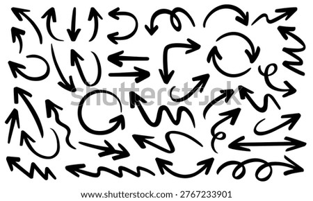 Hand drawn arrow vector icons set. Sketch arrow design for business plan and education. Set of arrows black icons. Circle arrows, rotate arrow, redo process symbol. Doodle Arrows Line Art Icons.