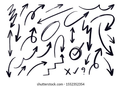 Hand drawn arrow vector set. Doodle arrows and line Sketch design on white background.