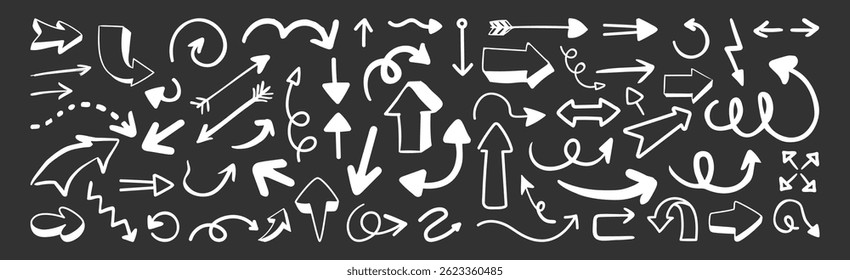 Hand Drawn Arrow Vector Set. Doodle Sketch Arrows, Curved Lines, Brush Marker Icons for Business, Education and Process Direction