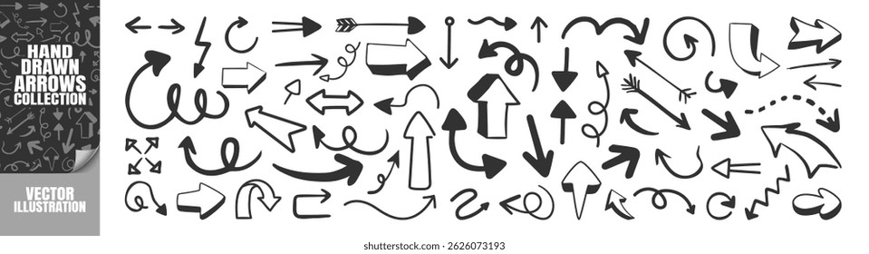 Hand Drawn Arrow Vector Set. Doodle Sketch Arrows, Curved Lines, Brush Marker Icons for Business, Education and Process Direction on Transparent Background