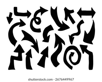 Hand Drawn Arrow Vector Set. Curved and Spiral Arrows, Abstract Arrow Silhouette Collection. Vector Arrow Pack
