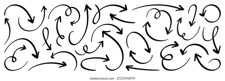 Hand Drawn Arrow Vector Set with Curved and Swirl Doodle Arrows. Set of simple of hand drawn black arrows.. Vector illustrator