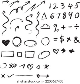 Hand drawn arrows, alphabets, symbols, doodles collection 