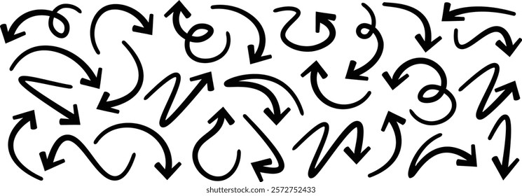 Hand drawn arrows. Arrow. Cursor. Sketch arrow design. Lines arrows collection. Curved arrow vector. Simple lines hand drawn black arrows. Different arrow signs