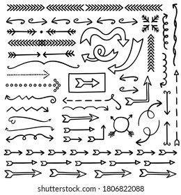 Hand drawn arrows and arrow dividers. Bullet journal web visual note sketch elements. Isolated graphic vector object set.